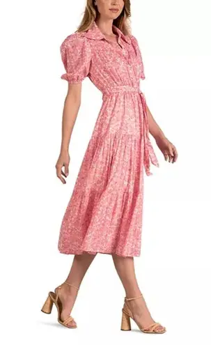 Elan Cotton Tiered Shirt Dress Pink Floral M Belted Puff SS Prairie Cottagecore