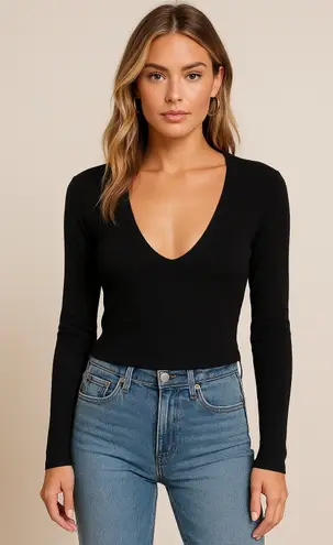 Cotton Citizen Deep V Ribbed Long Sleeve Top Black L Minimalist Stretch Basic