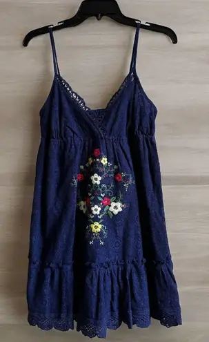 Embroidered Floral Navy Blue Lace V Neck Mini Dress Dress Sz M Beach Cover Up Size M