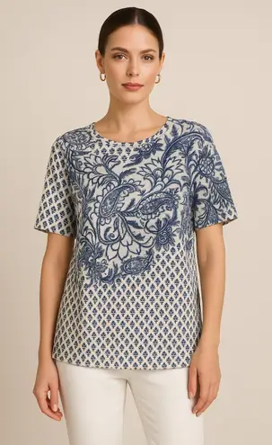 Rebecca Taylor Shirt Women Large Blue White Linen Floral hort Sleeve Tee Boho