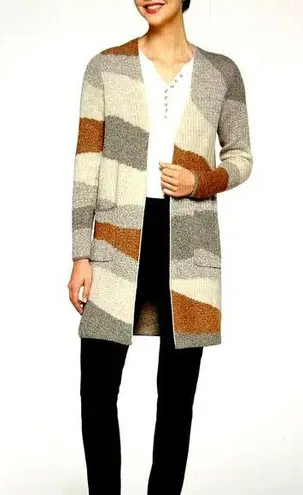 Fortune & Ivy Layla Seamless Open Cardigan Cream,Tan & Grey L Gray Size L
