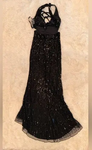 Mac Duggal NWOT Sleeveless Faux Wrap Sequin Embellished Cut Out Back Black Sz 4