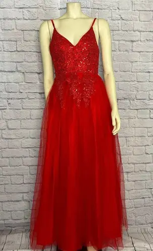 Handmade Red V Neck Spaghetti Straps Tulle Beaded Lace Long Evening Prom Dress size small