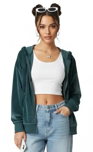 Cozy Plush Velvet Zip Hoodie Jacket Womens L Green Lounge Casual Y2K Cool Girl Size L