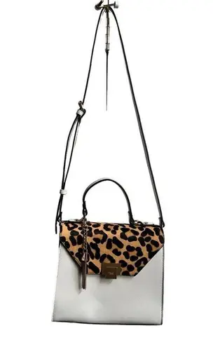 Dune London White Saffiano Leather Leopard Print Calf Hair Fur Trimmed Hand Bag