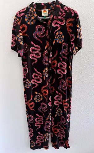 Farm Rio Snake Jumpsuit Womens Small Black Collared Resort Tropical Vacation