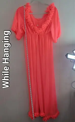 Vintage Womens M Coral Pink Neon Full Length Robe w/ Ruffled Neckline Orange Size M