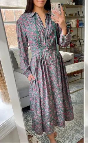 Vintage Floral Prairie Cottage Core Midi Dress Green