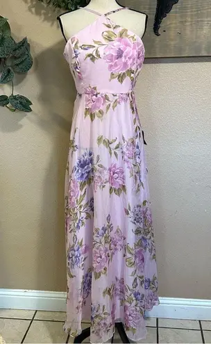 NWT Lulus Romantic Marvel Light Pink Floral Halter Maxi Dress Purple Size L