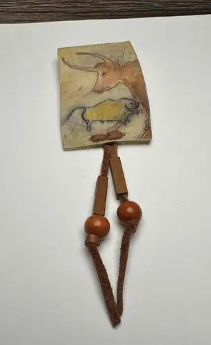 Longhorn / Bull Painting Beaded Leather Fringe Brooch Pin Vintage Handmade