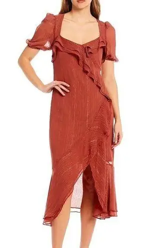 WAYF NWT Metallic Square Neck Puff Sleeve High-Low Open Back Faux Wrap Midi SM