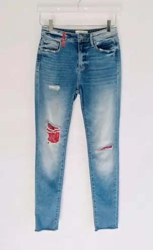 Driftwood  Jackie High Rise Bandana Patched Distressed Raw Hem Jeans Size 25