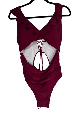 Womens Burgundy Lace Up Cutout Ruffle One Piece Swimsuit XL Red