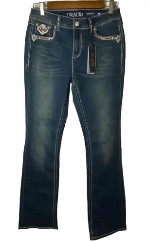 GRACE IN LA NWT Womens Blue Embroidered Lined Easy Fit Bootcut Jeans Size 28 - Image 1