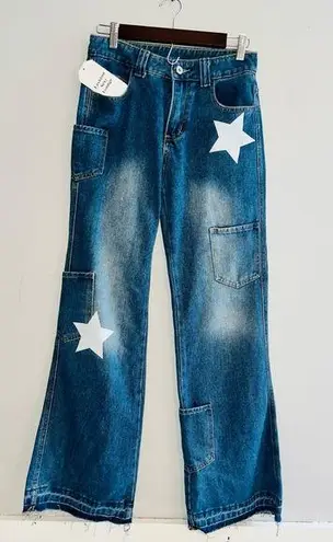 Wide Leg Denim Cargo Jeans Star Design Sz S NWT!! Blue