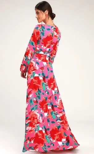 Lulus Carolita Magenta Floral Print Long Sleeve Maxi Dress Size Medium Side Slit Pink