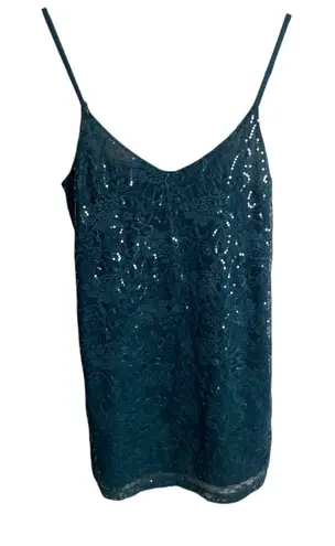 Vanity Size Medium Y2K Cami Tank Tip Lace Sequins V Neck Sparkles Teal Blue