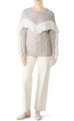 Amur Ulla Fringe Beige 100% Merino Wool Pullover Sweater Crew Neckline Womens