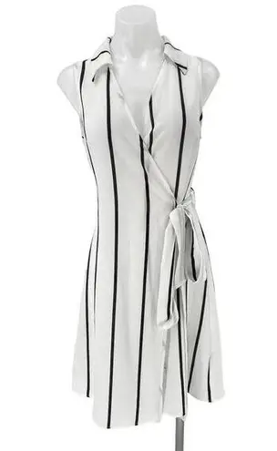 Blashe White Striped Sleeveless Collared V Neck Tie Waist Mini Wrap Dress Size S