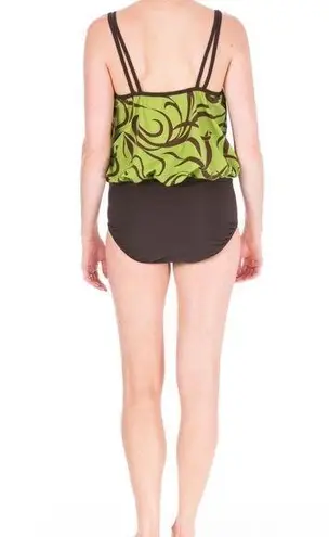 Mainstream Green & Brown One Piece Swimsuit, Blouson, Double Strap, Lined, 8 NWT