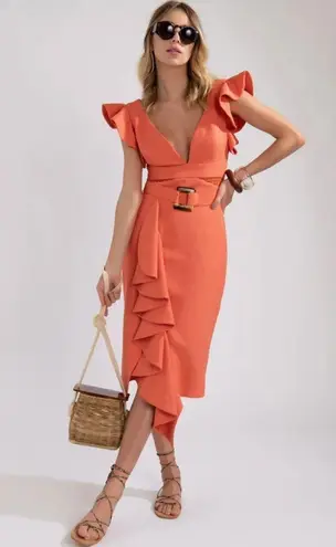 PatBO Belted Ruffle Asymmetrical Midi Dress PLEASE READ Orange Size 6