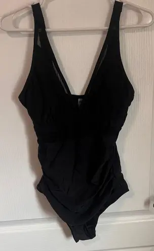 Black One Piece Swimsuit V Neck Tummy Control Ruched Size Small NWOT