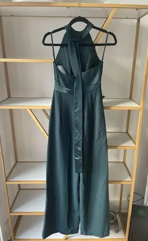 After Six Halter Neck Satin Charmeuse & Crepe Jumpsuit in Evergreen, Siz…