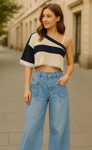 River Island Jeans Blue Tailored Wide Leg Pleated Denim