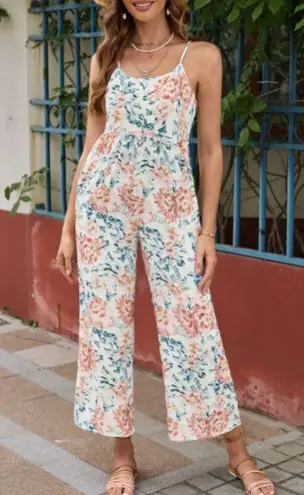 NEW White with Orange & Blue Floral Spaghetti Strap Wide Leg Jumpsuit Size XL