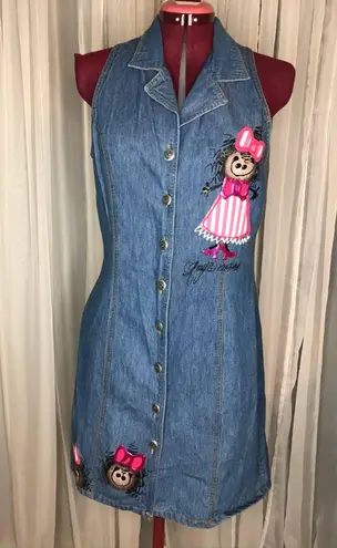 Dress Denim jean 90's puff paint stick figures blue pink white Size 12