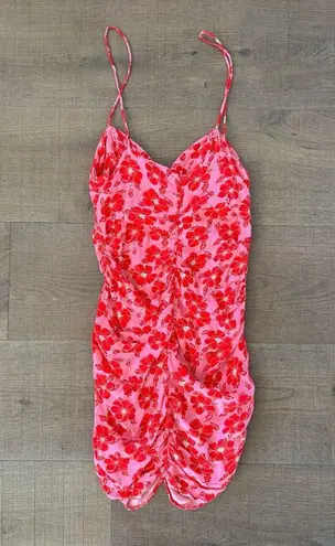 ZARA  pink red floral print ruched party body on mini dress