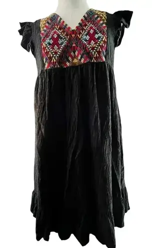 THML Women Small Dress Black Cotton Rayon Embroidery Flutter Aztec Western SW
