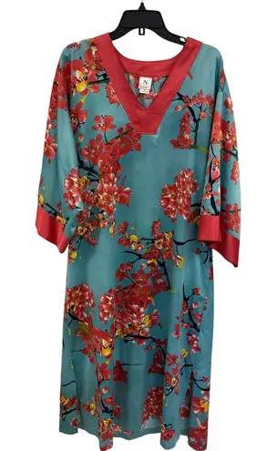 Natori Floral Print Long House Dress V-Neck Kimono Teal Red Women's Size M