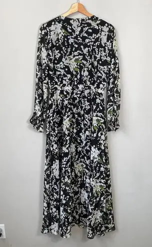 Belle Sky Women's Medium Balloon Sleeve Boho Floral Tie V-Neck Maxi Dress Black