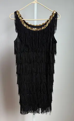 Black Fringe Flapper Dress Gold Sequins Gatsby Costume Party