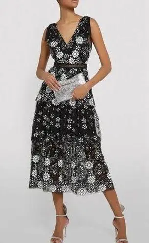 Self Portrait Black Tulle Floral Sequin Deco Tiered Dress NWT Size 2 MSRP $535