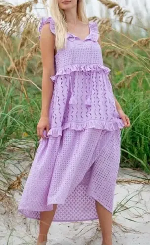 Bindu Dominique Lavender Eyelet Tiered Ruffle Midi Dress Boho M Purple Size M