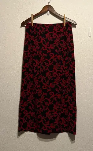 Briggs New York Black Red Floral Pleated Midi Skirt Back Slit Modest Size 8P