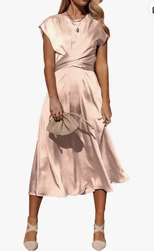 PRETTYGARDEN Women's 2023 Summer Satin Midi Dress Cap Sleeve Tie Waist Elegant A-Line Flowy Dresses