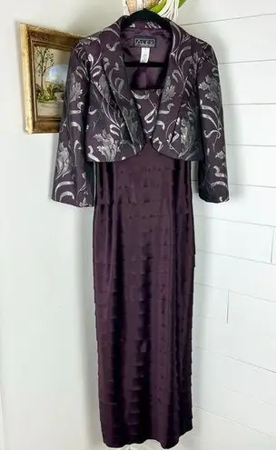 Alex Evenings Column Sheath Metallic Tiered Gown Bolero Jacket Plum Size 6