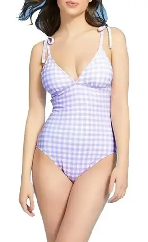 Kona Sol Women's Purple Gingham One Piece Swimsuit XL Shoulder Tie