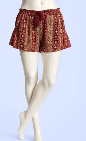 Boho Ruffle Hem Tassel Shorts – Burgundy Multi Print Red Size M thumbnail 1