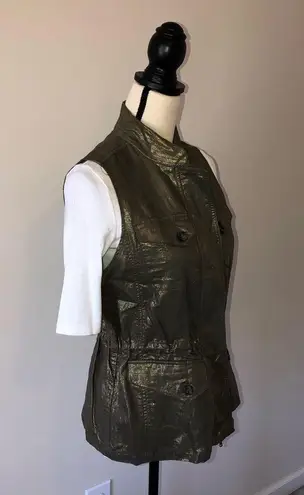 Chico's Metallic Foiled Linen Utility Cargo Vest Olive Green Gold Size 0 Small 4