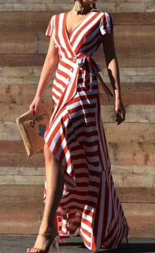 Bamboo  Apparel striped adjustable waist wrap ruffle maxi dress size Med NWOT - Image 1