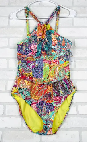 Bleu Rod Beattie $125 Paisley Halter One Piece Swimsuit Women's Size 12 NWT