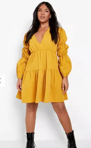 Boohoo Puff Sleeve Mustard Yellow Dress