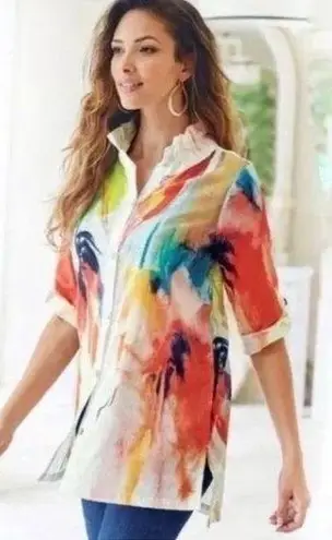 Soft Surroundings Isla Grande 100% Cotton Multicolor Watercolor Button Front Top
