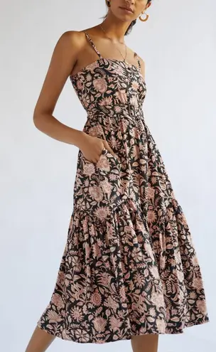 Lusana Nuuly Black Floral Midi Dress Size Medium