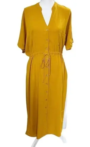 Rokoko Button Front Tie Waist Short Sleeve Midi Dress Pocket Mustard Yellow Sz M