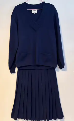 Casi 100% Wool Matching Skirt Set V Neck Sweater Midi Skirt Navy Blue Womens 8
